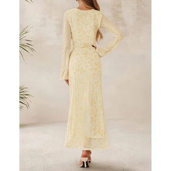 Zesica Women's Beige Yellow Ruched Mesh Long Sleeve Floral Bodycon Dress